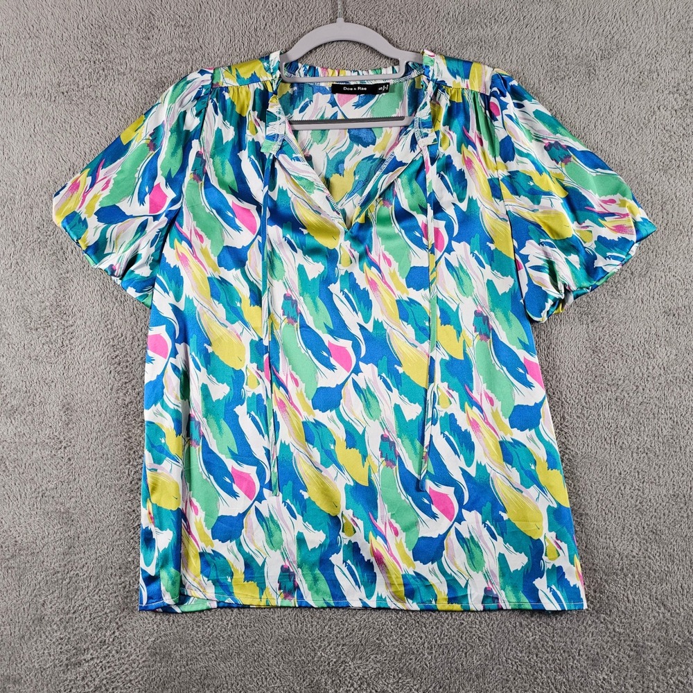Doe & Rae Womens Blue Green Abstract Satin Puff Sleeve Tie Neck Blouse Small